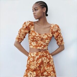ZARA Floral Puff Sleeve Crop Top Ruched Boho Cotton Blouse Size S
